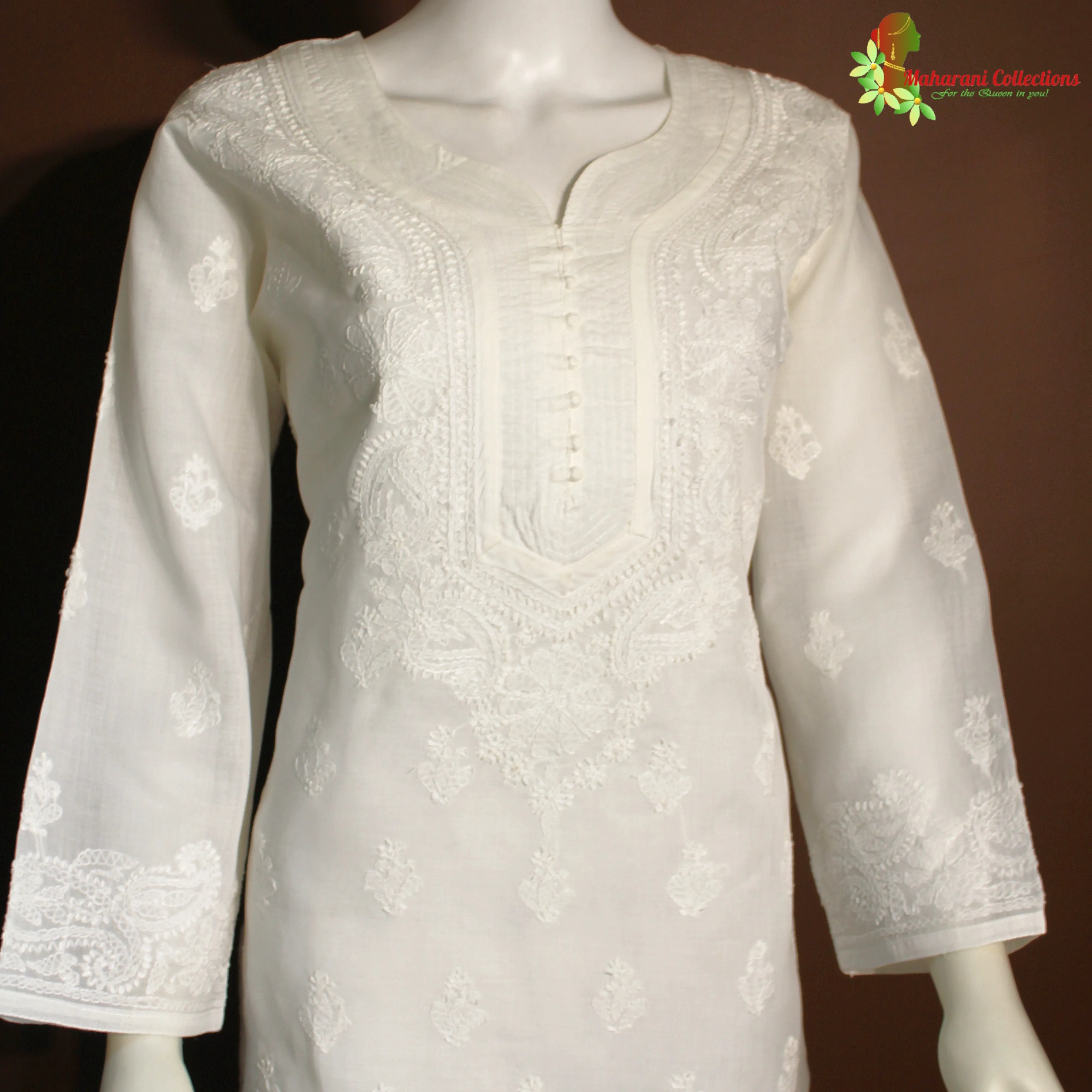 Maharani's Lucknowi Chikankari Kurta Top - White (M) - Pure Cotton