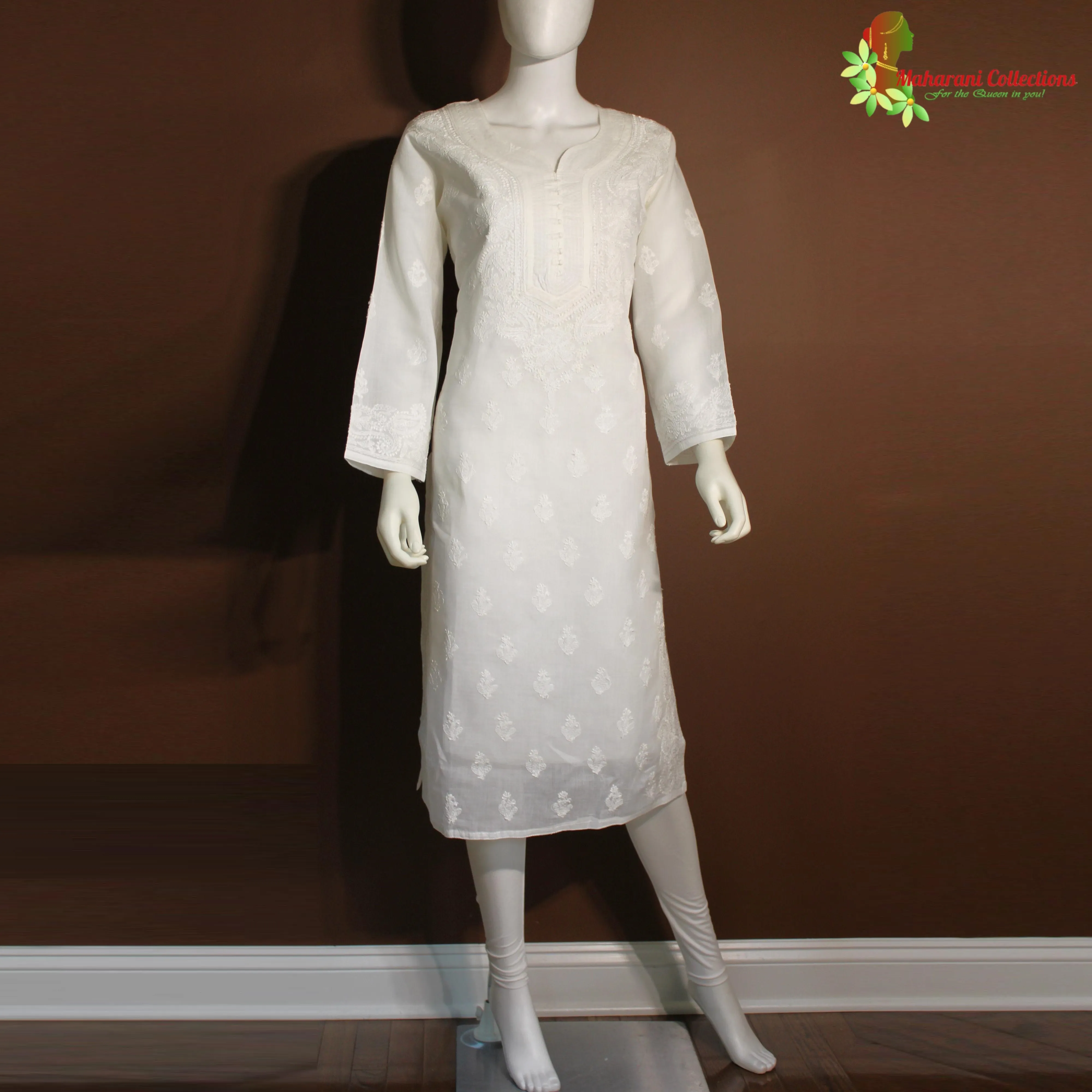 Maharani's Lucknowi Chikankari Kurta Top - White (M) - Pure Cotton