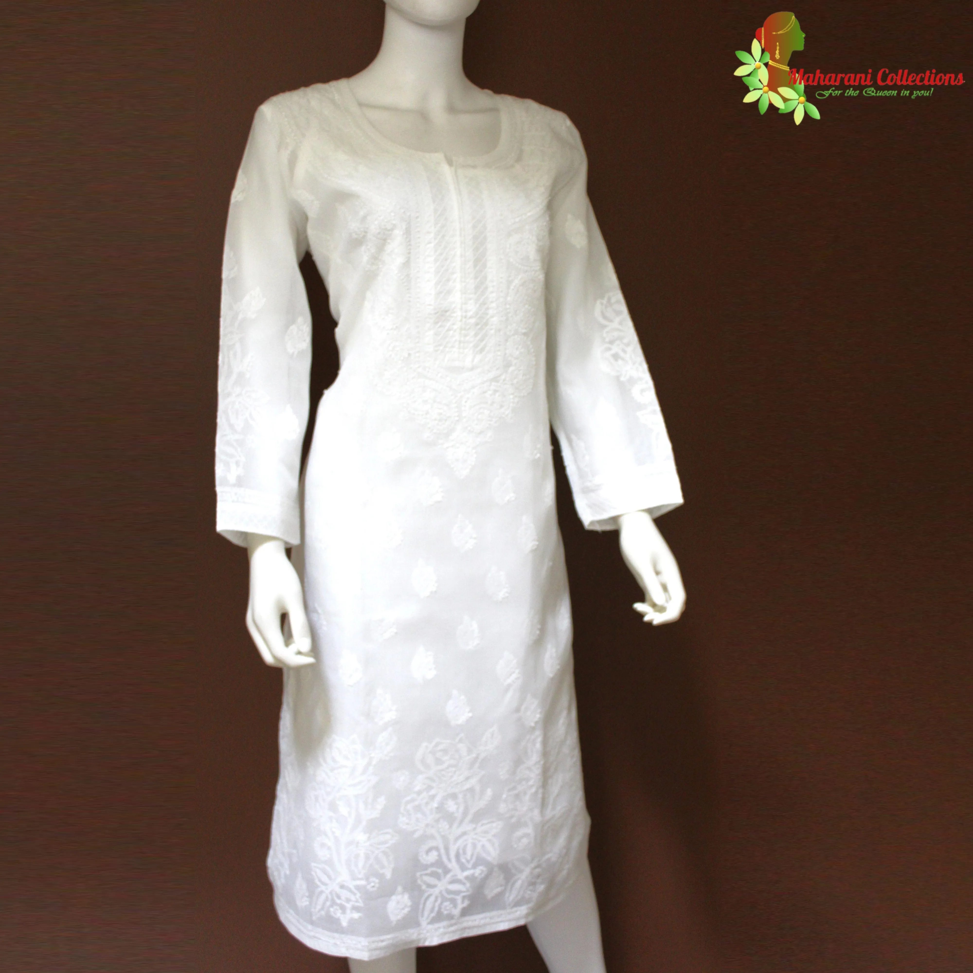 Maharani's Lucknowi Chikankari Kurta Top - White (XL) - Pure Cotton