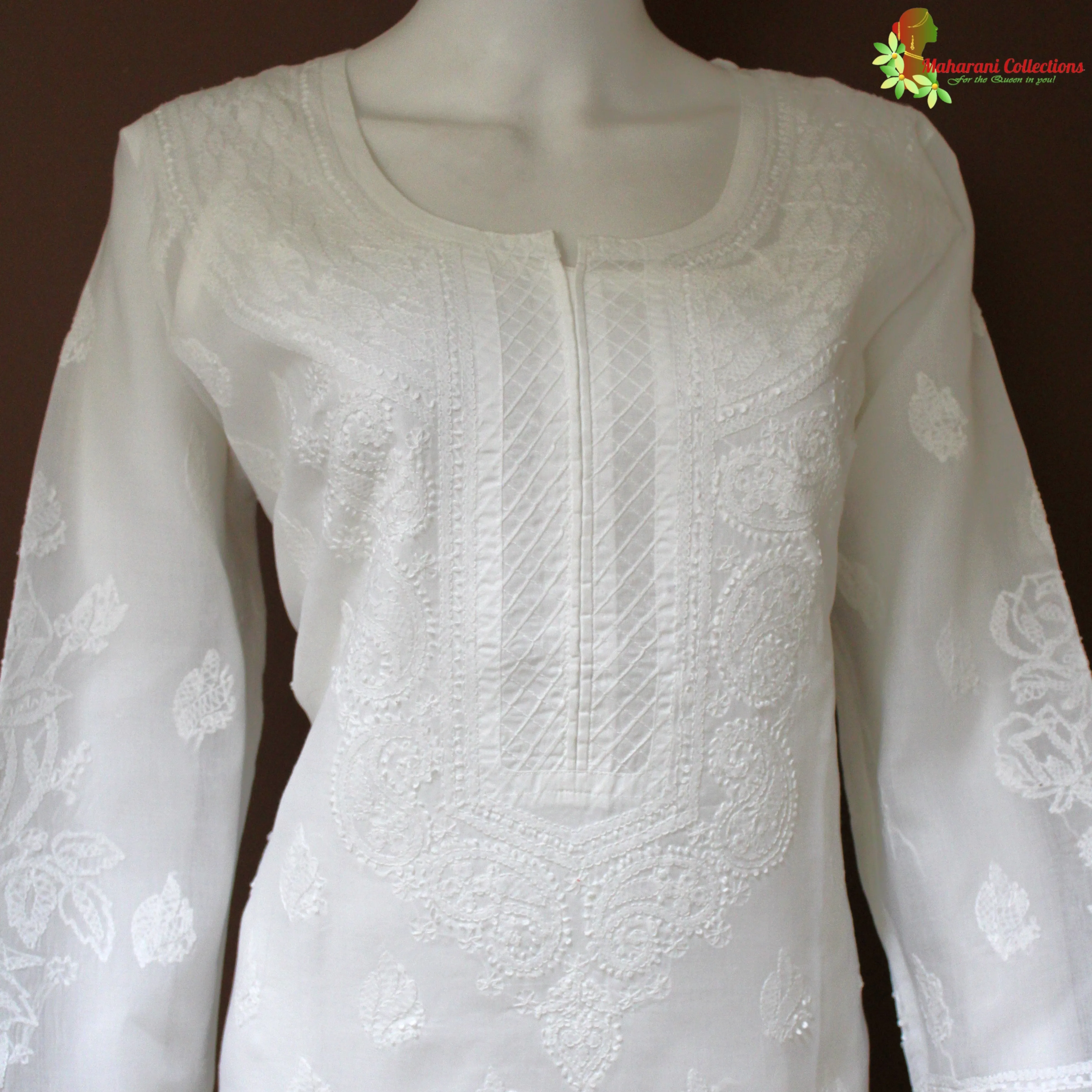 Maharani's Lucknowi Chikankari Kurta Top - White (XL) - Pure Cotton