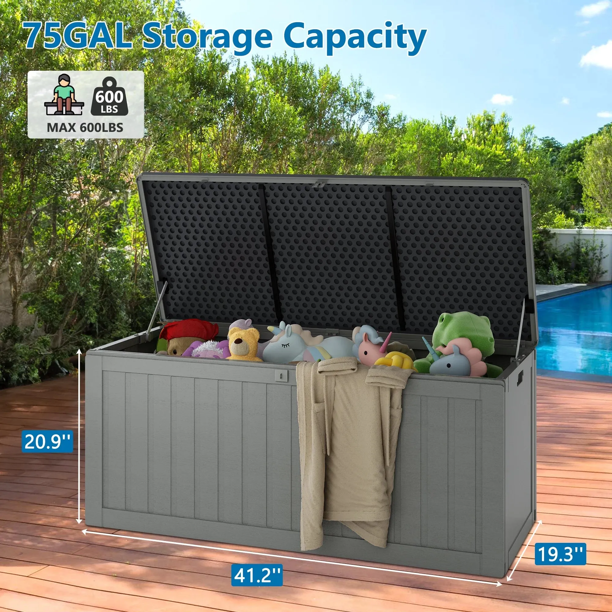 Seizeen Deck Box for Outside, 75GAL Outdoor Storage Box w/Wheels, All-weather Patio Storage for Cushions Toys, Waterproof Resin Deck Box